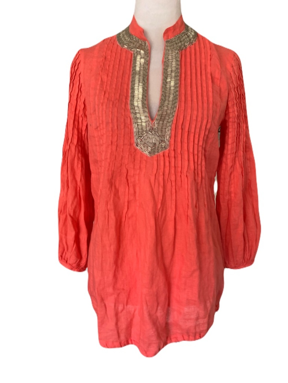 120% Lino Pleated V Neck Coral Linen Size 40/XS Tunic Top Long Sleeve Summer
